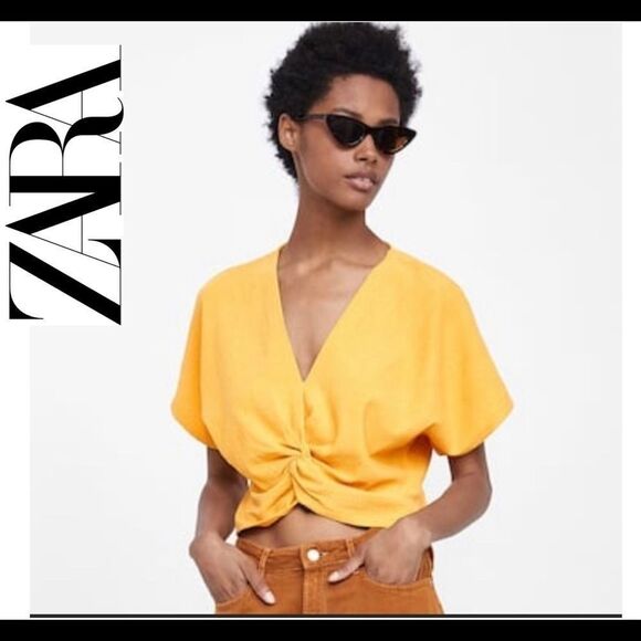 ZARA mustard knotted textured weave top Sz S - Picture 2 of 8
